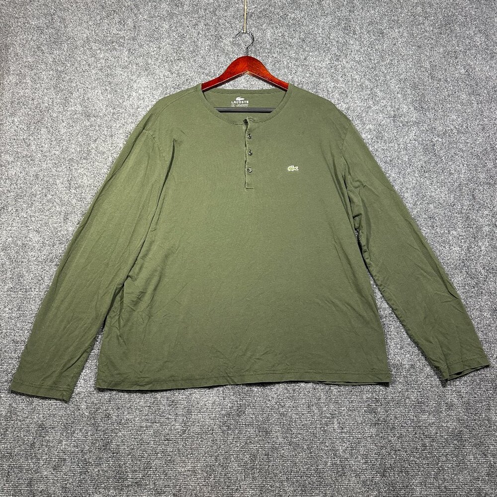 Lacoste Henley Shirt Mens 8 Green Pima Cotton Knit Button Neck Long Sleeve Logo